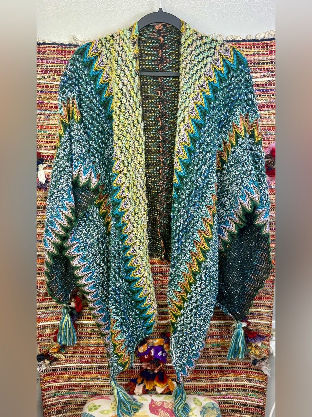 Bohemian open-front knit cardigan poncho colorful textured zigzag One Size All